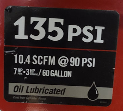 Porter Cable Compressor Label